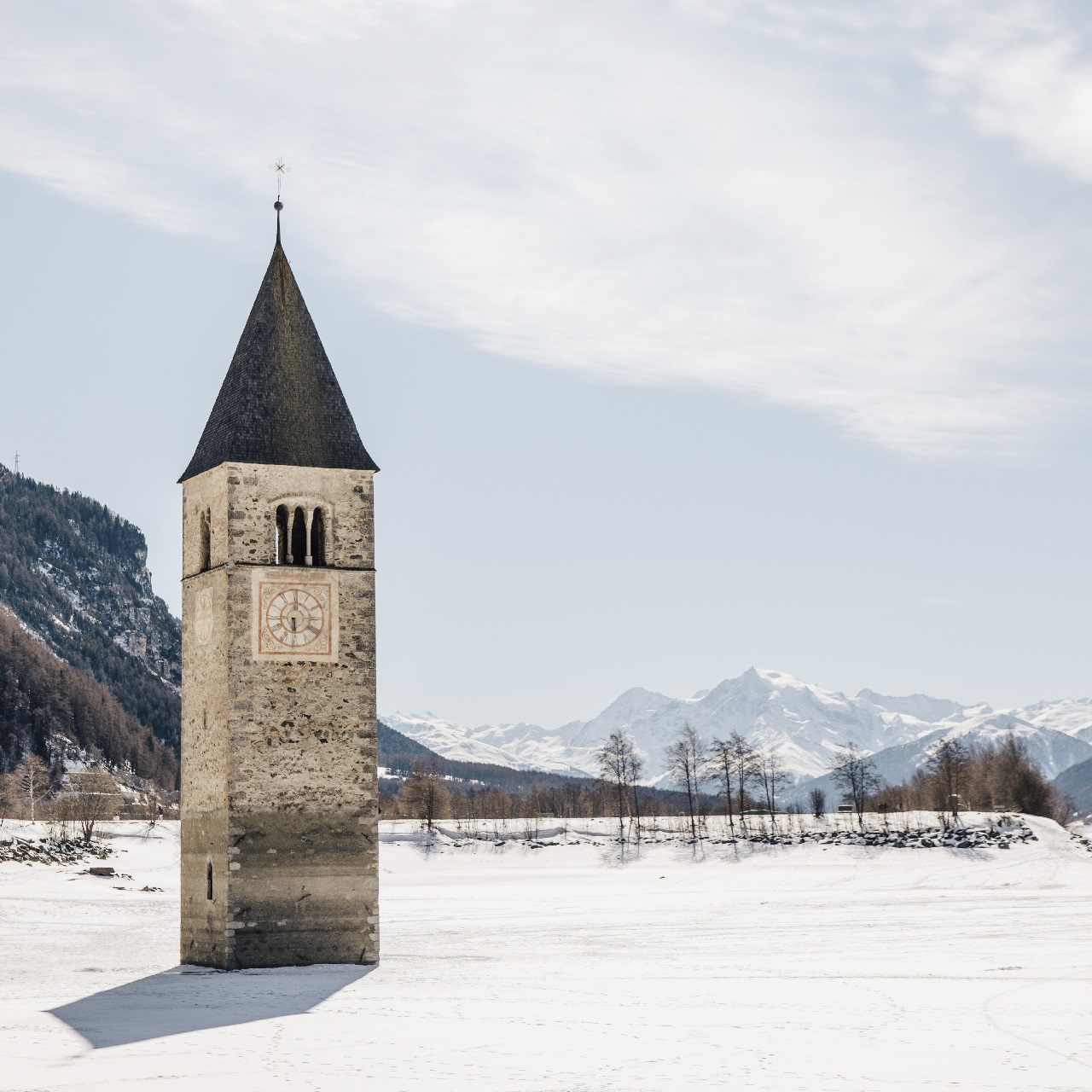 Church tower in Lake Resia in Val Venosta